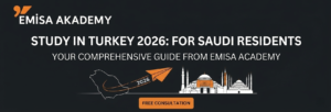 An infographic by Emisa Academy illustrating the journey to study in Turkey 2026 for students residing in Saudi Arabia, featuring a map of the Kingdom, landmarks of Istanbul, and logos of recognized Turkish universities."An infographic by Emisa Academy illustrating the journey to study in Turkey 2026 for students residing in Saudi Arabia, featuring a map of the Kingdom, landmarks of Istanbul, and logos of recognized Turkish universities."An infographic by Emisa Academy illustrating the journey to study in Turkey 2026 for students residing in Saudi Arabia, featuring a map of the Kingdom, landmarks of Istanbul, and logos of recognized Turkish universities."