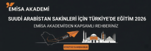 Emisa Akademi logosu, Suudi Arabistan'dan Türkiye'ye uçan bir kağıt uçak ve Ayasofya Camii çizimiyle "Suudi Arabistan Sakinleri İçin Türkiye'de Eğitim 2026: Emisa Akademi'den Kapsamlı Rehberiniz" yazısını içeren bir görsel. Alt kısımda "Ücretsiz Danışmanlık" düğmesi yer alıyor.