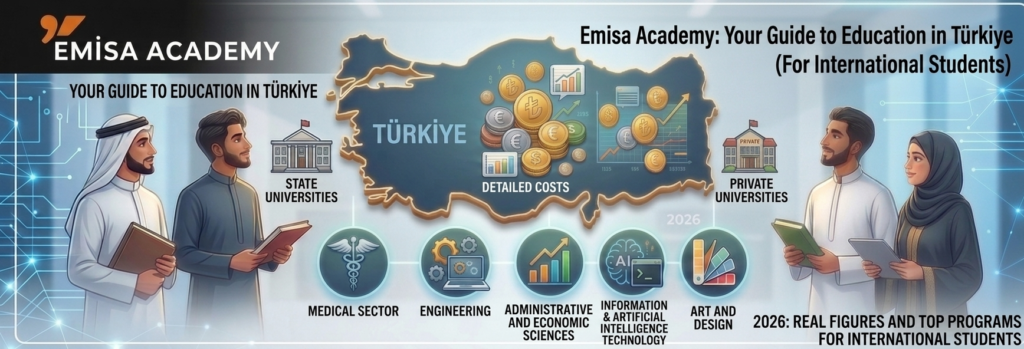 "Emisa Academy educational guide banner for international students studying in Türkiye, featuring 2026 real cost figures, university options, and top academic programs."