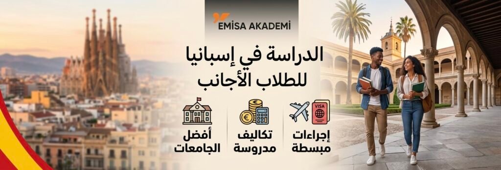 بنر إعلاني لمؤسسة إيميسا أكاديمي يوضح مميزات الدراسة في إسبانيا للطلاب الأجانب، مع أيقونات للجامعات، التكاليف، والإجراءات، وخلفية لمدينة برشلونة وطلاب جامعيين.