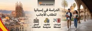 بنر إعلاني لمؤسسة إيميسا أكاديمي يوضح مميزات الدراسة في إسبانيا للطلاب الأجانب، مع أيقونات للجامعات، التكاليف، والإجراءات، وخلفية لمدينة برشلونة وطلاب جامعيين.