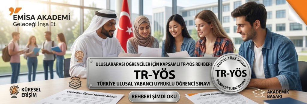 "Emisa Akademi tarafından hazırlanan, Türkiye'deki üniversitelere başvurmak isteyen uluslararası öğrenciler için TR-YÖS sınavı kapsamlı rehberi ve başvuru detaylarını içeren bilgilendirici görsel.