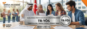 "Emisa Akademi tarafından hazırlanan, Türkiye'deki üniversitelere başvurmak isteyen uluslararası öğrenciler için TR-YÖS sınavı kapsamlı rehberi ve başvuru detaylarını içeren bilgilendirici görsel.