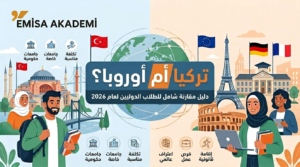 رسم توضيحي بياني يقارن بين الدراسة في تركيا وأوروبا للعام 2026، من قبل EMISA AKADEMI. يظهر طلابًا معالم، أيقونات، وبيانات حول التكاليف والقبول وفرص العمل للطلاب العرب.