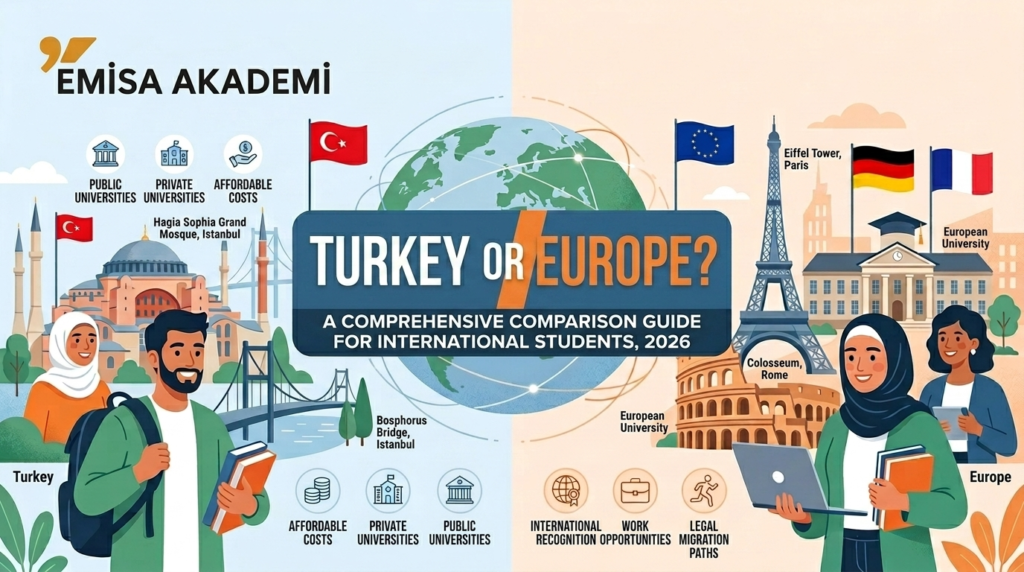 An informative infographic titled "TURKEY OR EUROPE? A COMPREHENSIVE COMPARISON GUIDE FOR INTERNATIONAL STUDENTS, 2026," created by EMISA AKADEMI. The image presents a side-by-side comparison. The left side, under "Turkey," features illustration of the Hagia Sophia Grand Mosque and Bosphorus Bridge in Istanbul with the Turkish flag. It shows students and lists key factors: Public Universities, Private Universities, and Affordable Costs. The right side, under "Europe," includes illustrations of the Eiffel Tower in Paris and the Colosseum in Rome with French, German, and EU flags. It shows students with laptops and lists benefits: International Recognition, Work Opportunities, and Legal Migration Paths. A central globe and dotted lines connect the two regions, symbolizing student mobility and options for prospective international students.