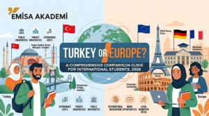 An informative infographic titled "TURKEY OR EUROPE? A COMPREHENSIVE COMPARISON GUIDE FOR INTERNATIONAL STUDENTS, 2026," created by EMISA AKADEMI. The image presents a side-by-side comparison. The left side, under "Turkey," features illustration of the Hagia Sophia Grand Mosque and Bosphorus Bridge in Istanbul with the Turkish flag. It shows students and lists key factors: Public Universities, Private Universities, and Affordable Costs. The right side, under "Europe," includes illustrations of the Eiffel Tower in Paris and the Colosseum in Rome with French, German, and EU flags. It shows students with laptops and lists benefits: International Recognition, Work Opportunities, and Legal Migration Paths. A central globe and dotted lines connect the two regions, symbolizing student mobility and options for prospective international students.