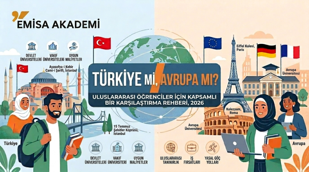 An infographic comparison guide for international students in 2026, comparing study in Turkey (TÜRKİYE) versus Europe (AVRUPA). The central text asks 'TÜRKİYE Mİ, AVRUPA MI' (Turkey or Europe). The left side, representing Turkey, shows a male student with the Hagia Sophia and Bosphorus Bridge. Above him are icons for 'Devlet Üniversiteleri' (Public Universities), 'Vakıf Üniversiteleri' (Private Universities), and 'Uygun Maliyetler' (Affordable Costs). The right side, representing Europe, shows a female student with the Eiffel Tower and Colosseum. Below her are icons for 'Uluslararası Tanınırlık' (International Recognition), 'İş Fırsatları' (Job Opportunities), and 'Yasal Göç Yolları' (Legal Migration Paths). Both sides include small Turkish and EU flags and various other details. The Emisa Akademi logo is in the top-left corner. A world globe with connecting lines is in the background.