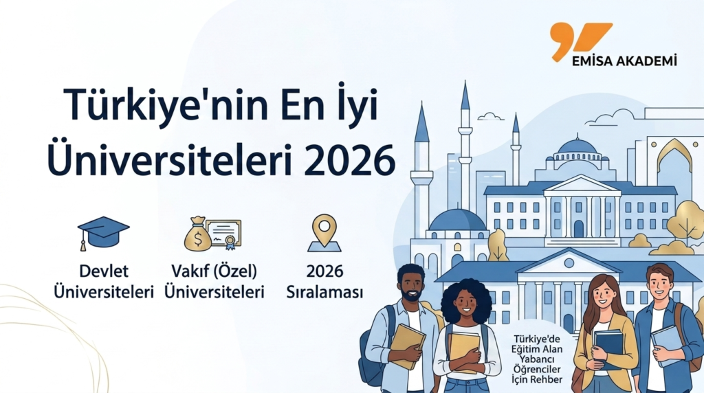 Emisa Academy tarafından hazırlanan 2026 Türkiye'deki en iyi üniversiteler rehberi infografiği. Görselde devlet üniversiteleri, vakıf üniversiteleri ve 2026 sıralaması ikonları ile kampüs önündeki uluslararası öğrenciler yer almaktadır.