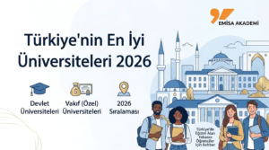 Emisa Academy tarafından hazırlanan 2026 Türkiye'deki en iyi üniversiteler rehberi infografiği. Görselde devlet üniversiteleri, vakıf üniversiteleri ve 2026 sıralaması ikonları ile kampüs önündeki uluslararası öğrenciler yer almaktadır.