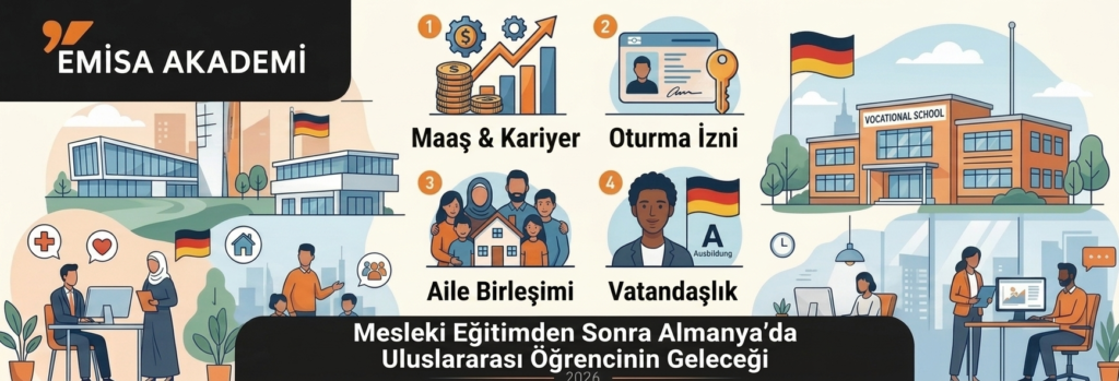 Emisa Akademi infografiği: Mesleki eğitimden (Ausbildung) sonra Almanya'da uluslararası öğrencinin geleceği 2026 rehberi. Görselde maaş ve kariyer, oturma izni, aile birleşimi ve vatandaşlık süreçlerini gösteren 4 ana adım Türkçe olarak listelenmiştir.