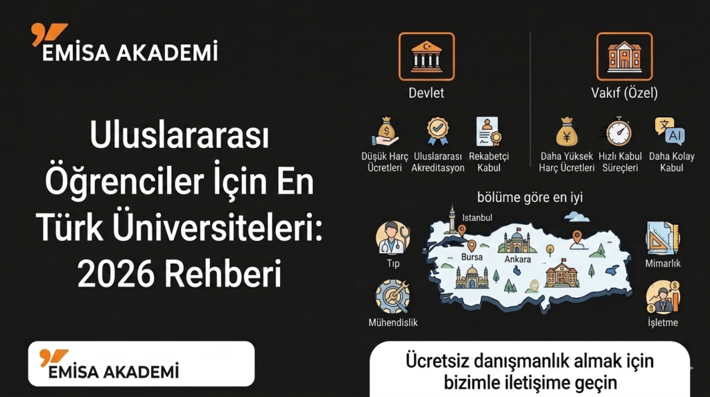 Emisa Akademi 2026 Türkiye'de eğitim rehberi görseli. Uluslararası öğrenciler için en iyi Türk üniversiteleri, devlet ve vakıf üniversitelerinin karşılaştırması, harç ücretleri, tıp, mühendislik, mimarlık ve işletme bölümlerine göre en iyi seçenekler ile Türkiye haritası illeri yer almaktadır.