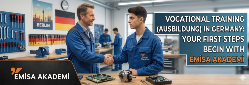 Alt Text: A professional banner for Emisa Academy showing a senior German instructor shaking hands with a young student in a blue mechanical workshop uniform. In the background, other students work on technical equipment, with a German flag and a Berlin poster visible on the wall. Text on the right reads: "VOCATIONAL TRAINING (AUSBILDUNG) IN GERMANY: YOUR FIRST STEPS BEGIN WITH EMISA AKADEMİ".