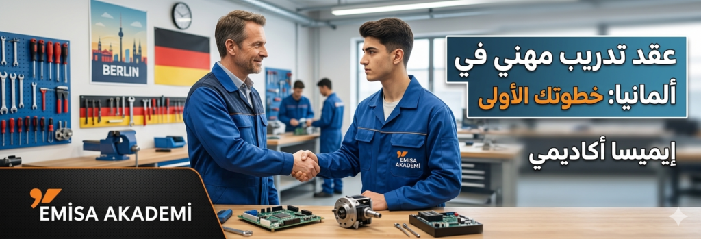 Emisa Academy logo with Arabic text explaining the steps for vocational training (Ausbildung) in Germany from Turkey in 2026.