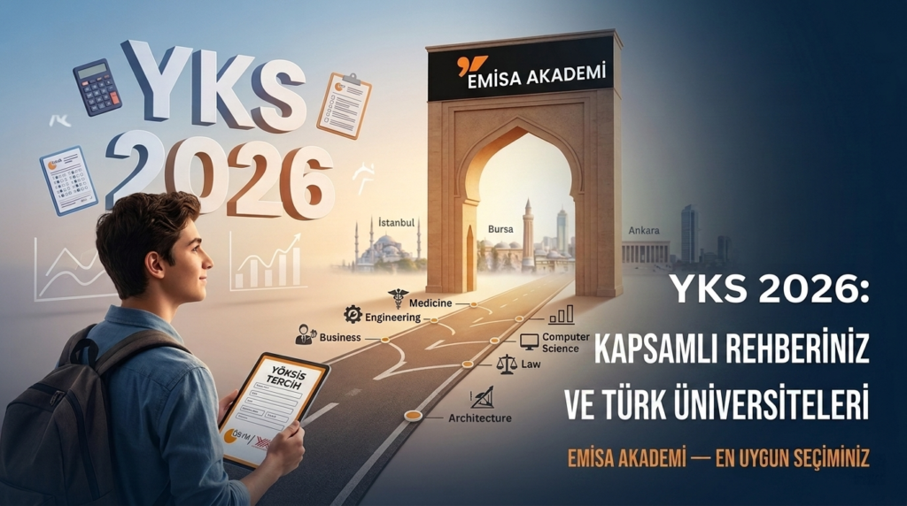 YKS 2026 kapsamlı rehber ve Türk Üniversiteleri yol haritası ile ÖSYM tercih formu tutan öğrenci ve Emisa Akademi kapısı.
