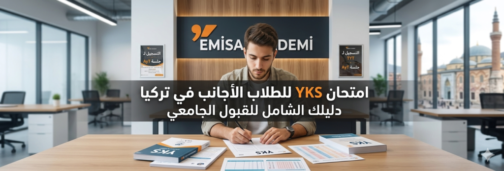 Alt Text: A male student studying for the YKS exam in Turkey at a desk with study materials, featuring the Emisa Akademi logo and an Arabic title banner that translates to "YKS Exam for Foreign Students in Turkey: Your Comprehensive Guide to University Admission," with a mosque and modern office in the background.