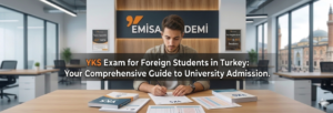 A professional photograph from EMİSA ACADEMY showing a young male student in an open-plan office setting, focused on writing. He is sitting at a large wooden desk surrounded by 'YKS' (Turkish higher education exam) study materials and official-looking papers. The desk surface holds several textbooks with 'YKS' text, printed documents, and small forms. Behind him, on a dark wooden panel, is the backlit 'EMİSA ACADEMY' logo. Two framed posters on the wall, also displaying 'YKS,' flank the central figure. In the far background, visible through large office windows, is the iconic skyline of a mosque with multiple minarets. A horizontal overlay banner in the center features the white and orange text "YKS Sınavı". The overall feeling is one of serious preparation and focused study.