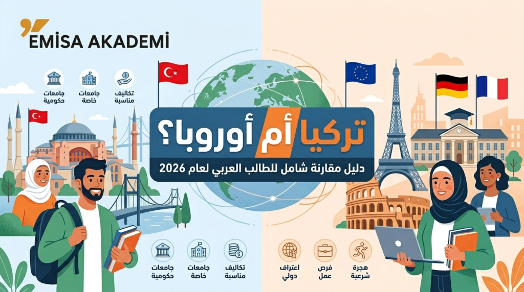 رسم توضيحي بياني يقارن بين الدراسة في تركيا وأوروبا للعام 2026، من قبل EMISA AKADEMI. يظهر طلابًا معالم، أيقونات، وبيانات حول التكاليف والقبول وفرص العمل للطلاب العرب.