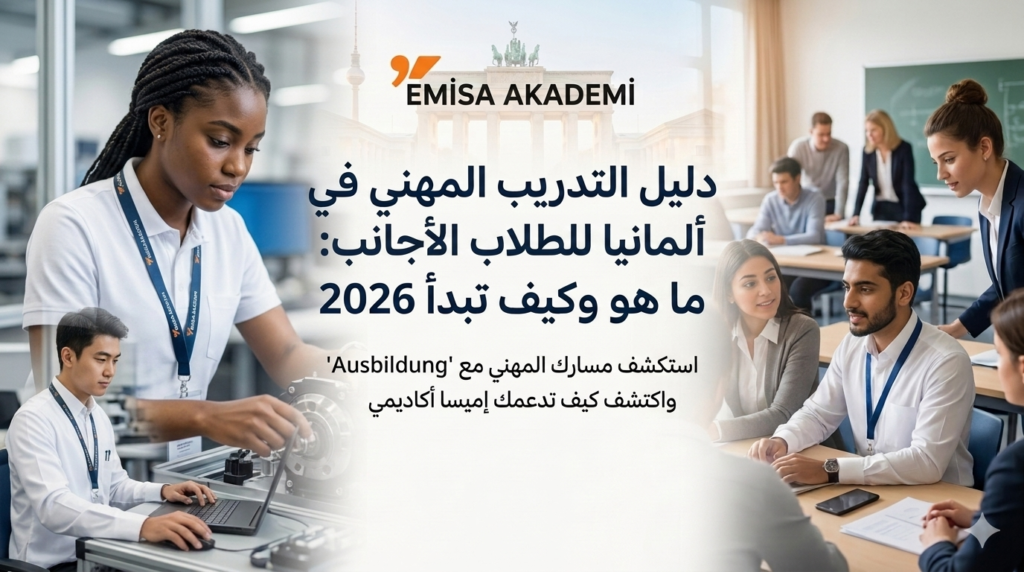 لقطة بانورامية ترويجية من إميسا أكاديمي تُظهر شاباً عربياً في بيئتين تدريبيتين: ورشة عمل صناعية حيث يعمل على كمبيوتر محمول، وقاعة تدريب حديثة مع زملاء ألمان، مما يجسد فكرة الاندماج والتعلم العملي والنظري في نظام التدريب المهني الألماني (Ausbildung). في الخلفية، تظهر بوابة براندنبورغ ببرلين، وشعار إميسا أكاديمي. نصوص عربية توضيحية تعرض 'دليل التدريب المهني في ألمانيا للطلاب العرب: ما هو وكيف تبدأ 2026' وتؤكد على دعم الأكاديمية للمسار المهني.