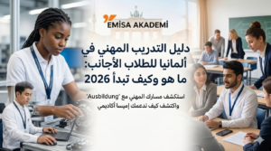 لقطة بانورامية ترويجية من إميسا أكاديمي تُظهر شاباً عربياً في بيئتين تدريبيتين: ورشة عمل صناعية حيث يعمل على كمبيوتر محمول، وقاعة تدريب حديثة مع زملاء ألمان، مما يجسد فكرة الاندماج والتعلم العملي والنظري في نظام التدريب المهني الألماني (Ausbildung). في الخلفية، تظهر بوابة براندنبورغ ببرلين، وشعار إميسا أكاديمي. نصوص عربية توضيحية تعرض 'دليل التدريب المهني في ألمانيا للطلاب العرب: ما هو وكيف تبدأ 2026' وتؤكد على دعم الأكاديمية للمسار المهني.