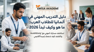 لقطة بانورامية ترويجية من إميسا أكاديمي تُظهر شاباً عربياً في بيئتين تدريبيتين: ورشة عمل صناعية حيث يعمل على كمبيوتر محمول، وقاعة تدريب حديثة مع زملاء ألمان، مما يجسد فكرة الاندماج والتعلم العملي والنظري في نظام التدريب المهني الألماني (Ausbildung). في الخلفية، تظهر بوابة براندنبورغ ببرلين، وشعار إميسا أكاديمي. نصوص عربية توضيحية تعرض 'دليل التدريب المهني في ألمانيا للطلاب العرب: ما هو وكيف تبدأ 2026' وتؤكد على دعم الأكاديمية للمسار المهني.