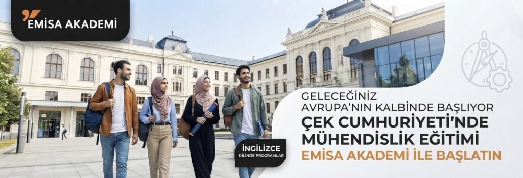 Prag'daki tarihi Çek Teknik Üniversitesi binasının önünde yürüyen, sırt çantalı ve planlı bir grup uluslararası öğrenci; Emisa Akademi'nin Avrupa'daki İngilizce mühendislik programlarını tanıtıyor.