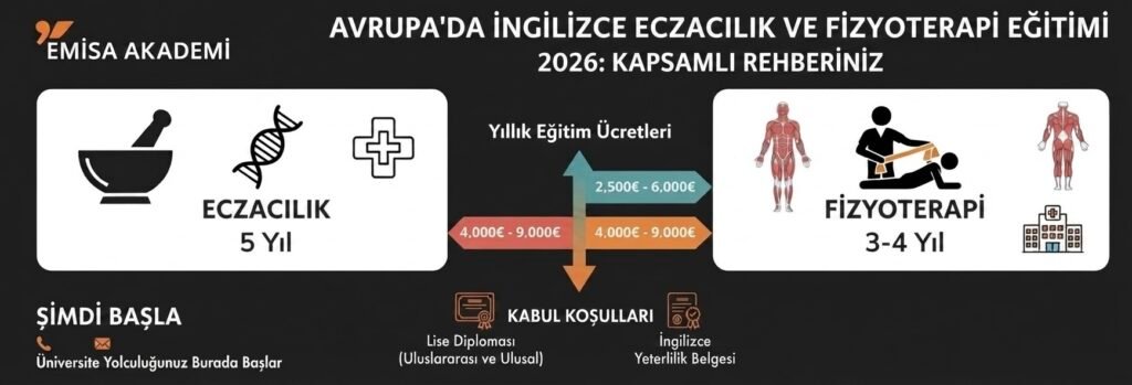 Avrupa'da 2026 yılında İngilizce eczacılık ve fizyoterapi eğitimi üzerine bir makale için Emisa Akademi logosunu, eğitim süreleri ve öğrenim ücretleri karşılaştırmasını ve her iki tıp alanı için net bölümleri içeren bir infografik.