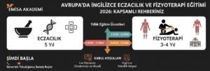 Avrupa'da 2026 yılında İngilizce eczacılık ve fizyoterapi eğitimi üzerine bir makale için Emisa Akademi logosunu, eğitim süreleri ve öğrenim ücretleri karşılaştırmasını ve her iki tıp alanı için net bölümleri içeren bir infografik.