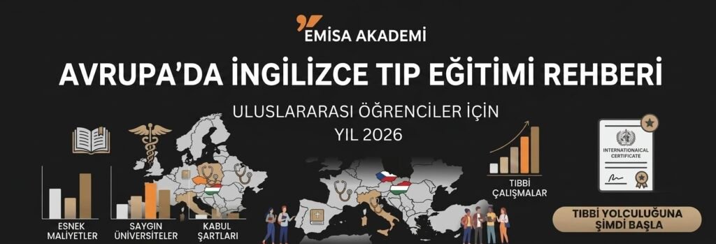 Uluslararası öğrenciler için Avrupa'da İngilizce tıp eğitimi rehberi 2026 infografiği - Emisa Akademi
