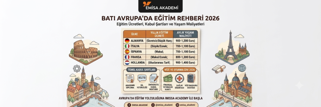 Emisa Akademi Batı Avrupa'da eğitim rehberi 2026 infografiği; Almanya, İtalya, İspanya, Fransa ve Hollanda eğitim ücretleri ile aylık yaşam maliyetleri tablosu, kabul şartları ve vize başvuru adımları.