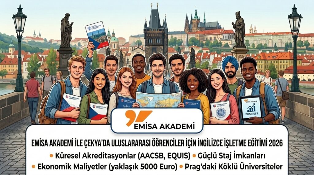 Prag'da Charles Köprüsü manzarası önünde toplanmış, ellerinde harita ve broşürler tutan farklı milletlerden uluslararası öğrenciler ve alt kısımda Emisa Academy logolu "Çekya'da İngilizce İşletme Eğitimi 2026" yazılı Türkçe bilgilendirme görseli.