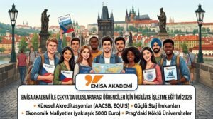 Prag'da Charles Köprüsü manzarası önünde toplanmış, ellerinde harita ve broşürler tutan farklı milletlerden uluslararası öğrenciler ve alt kısımda Emisa Academy logolu "Çekya'da İngilizce İşletme Eğitimi 2026" yazılı Türkçe bilgilendirme görseli.
