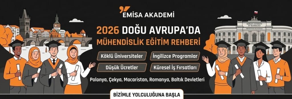 Emisa Akademi 2026 Doğu Avrupa'da mühendislik eğitimi rehberi afişi. Uluslararası mezun öğrenciler, Varşova Teknoloji Üniversitesi ve Prag şehir mimarisi çizimleri yer alıyor.