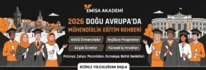 Emisa Akademi 2026 Doğu Avrupa'da mühendislik eğitimi rehberi afişi. Uluslararası mezun öğrenciler, Varşova Teknoloji Üniversitesi ve Prag şehir mimarisi çizimleri yer alıyor.