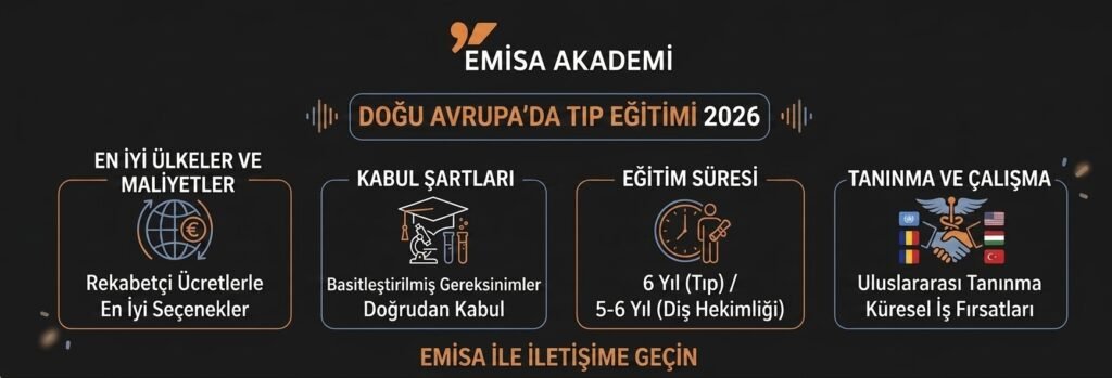 Emisa Akademi 2026 Doğu Avrupa'da tıp eğitimi rehberi infografiği; maliyetler, kabul şartları, eğitim süresi ve uluslararası tanınma detaylarını Türkçe olarak gösteriyor.