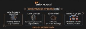 Emisa Akademi 2026 Doğu Avrupa'da tıp eğitimi rehberi infografiği; maliyetler, kabul şartları, eğitim süresi ve uluslararası tanınma detaylarını Türkçe olarak gösteriyor.