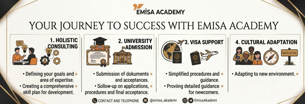 An infographic banner titled 'YOUR JOURNEY TO SUCCESS WITH EMISA ACADEMY' with an elegant black and gold decorative border. It features four numbered service panels with icons: 1. Holistic Consulting (with lightbulb and gear icons), 2. University Admission (with degree and university building icons), 3. Visa Support (with a globe, passports, and airplane icons), and 4. Cultural Adaptation (with a group of people, compass, and welcome sign). Each panel lists specific service points. Contact and social media handles are at the bottom.