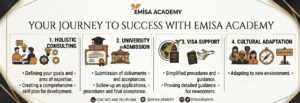 An infographic banner titled 'YOUR JOURNEY TO SUCCESS WITH EMISA ACADEMY' with an elegant black and gold decorative border. It features four numbered service panels with icons: 1. Holistic Consulting (with lightbulb and gear icons), 2. University Admission (with degree and university building icons), 3. Visa Support (with a globe, passports, and airplane icons), and 4. Cultural Adaptation (with a group of people, compass, and welcome sign). Each panel lists specific service points. Contact and social media handles are at the bottom.