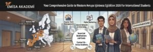 Infographic by Emesa Academy providing a comprehensive guide to studying business administration in Western Europe for international students in 2026, featuring tuition fees, key specializations, and career opportunities.