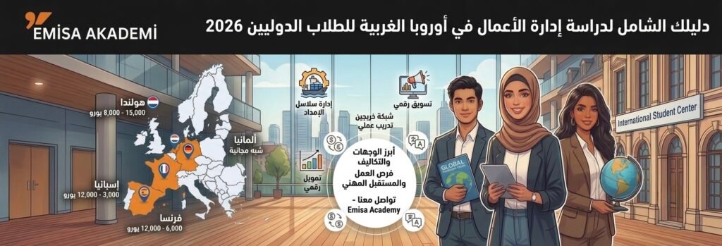 EMISA AKADEMI 2026 Guide for International Students: Study Business in Western Europe - Map of Destinations, Career Paths, and Diverse Students with 'International Student Center