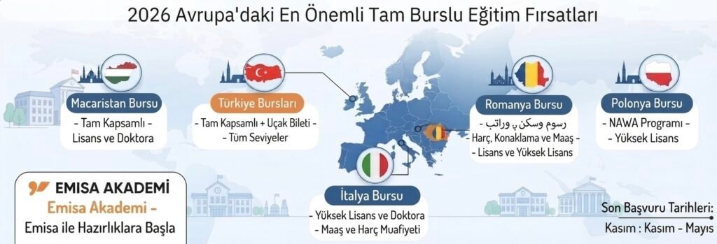 2026 yılında Avrupa'daki tam burslu eğitim fırsatlarını gösteren infografik; Macaristan, Türkiye, Romanya, Polonya ve İtalya burslarının başvuru detaylarını ve İmesa Akademi logosunu içermektedir.