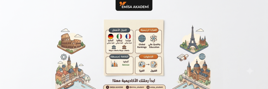 Study in Europe guide by Emisa Akademi highlighting tuition costs, steps from admission to visa, and top prestigious universities.