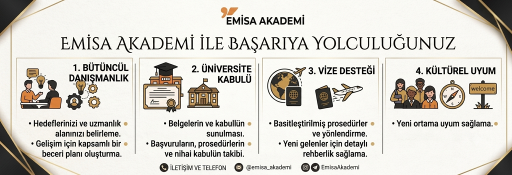 An infographic banner for Emisa Akademi in Turkish titled 'EMİSA AKADEMİ İLE BAŞARIYA YOLCULUĞUNUZ'. It features four service sections with icons on a white background with a black and gold border. 1. Bütüncül Danışmanlık (Holistic Counseling), 2. Üniversite Kabulü (University Admission), 3. Vize Desteği (Visa Support), and 4. Kültürel Uyum (Cultural Adaptation). Contact information and social media handles are listed at the bottom."