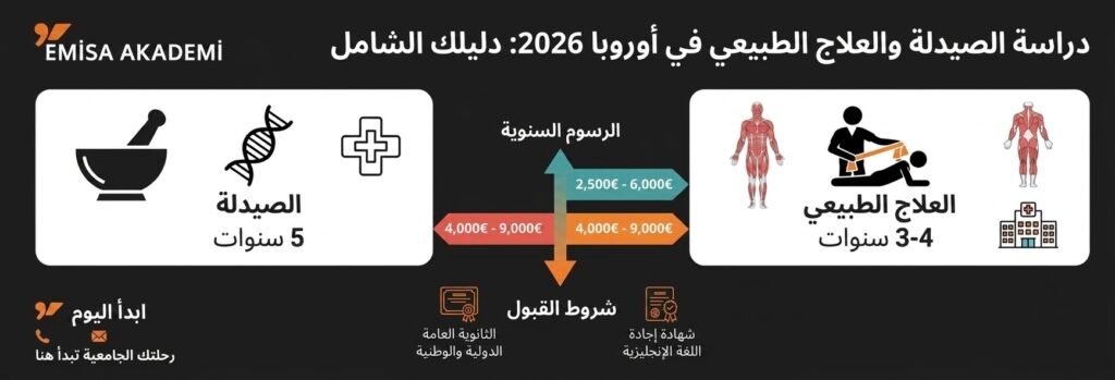 An infographic for an article about studying pharmacy and physiotherapy in Europe in English for 2026, featuring the Emisa Akademi logo, a comparison of study durations and tuition fees, and clear sections for both medical fields.