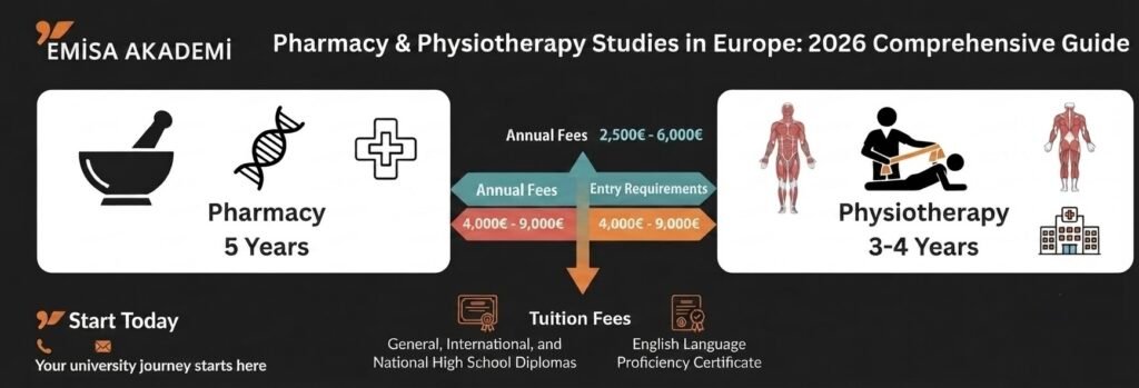 Infographic showing requirements, study duration, and tuition fees for studying pharmacy (5 years) and physiotherapy (3-4 years) in English at European universities for 2026 with Emisa Academy.