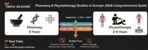 Infographic showing requirements, study duration, and tuition fees for studying pharmacy (5 years) and physiotherapy (3-4 years) in English at European universities for 2026 with Emisa Academy.