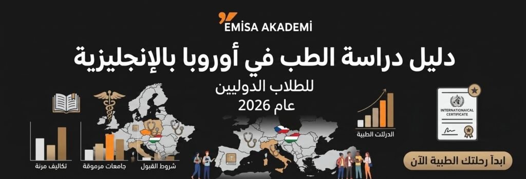 Comprehensive graphic about studying medicine in Europe in English, featuring the Emisa Akademi logo, a map of Europe with flags and medical icons, key benefits like flexibility and recognition, and call-to-action, all set against a dark background for international students