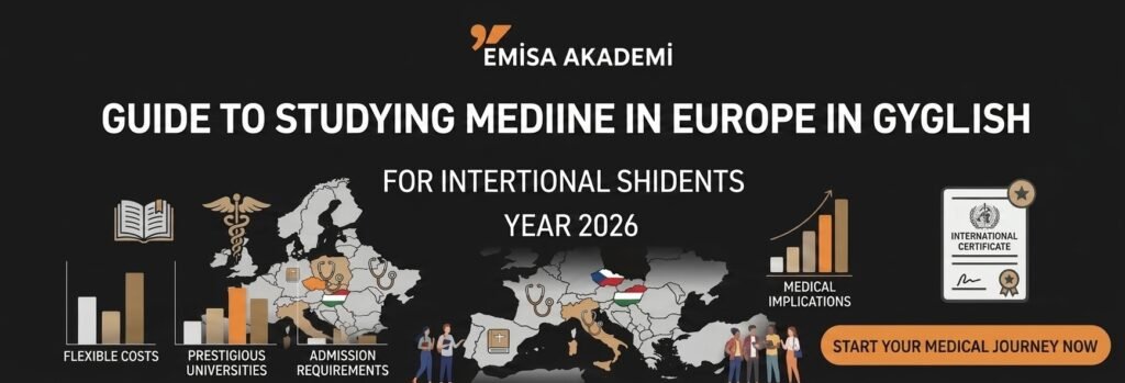 Comprehensive graphic about studying medicine in Europe in English, featuring the Emisa Akademi logo, a map of Europe with flags and medical icons, key benefits like flexibility and recognition, and call-to-action, all set against a dark background for international students
