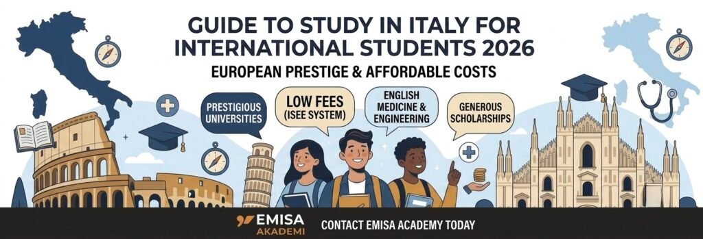 "An illustrative English banner by Emisa Academy for the 2026 international student guide to studying in Italy, featuring major landmarks like the Colosseum and Milan Cathedral, alongside key highlights: prestigious universities, low fees under the ISEE system, English-taught medicine and engineering, and generous scholarships."