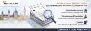An informational banner for Emisa Academy titled "International Student Guide: Documents Required for European Universities 2026", featuring a stack of official academic documents under a magnifying glass next to sections for admission documents, attestation and translation, and visa files.