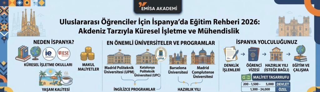 Emisa Akademi tarafından hazırlanan 2026 İspanya'da eğitim rehberi infografiği. Görselde uluslararası öğrenciler için İspanya üniversiteleri, işletme ve mühendislik programları, yıllık devlet ve özel üniversite harçları ile denklik, öğrenci vizesi ve hazırlık yılı adımlarını içeren İspanya eğitim yolculuğu aşamaları Türkçe olarak açıklanmaktadır.